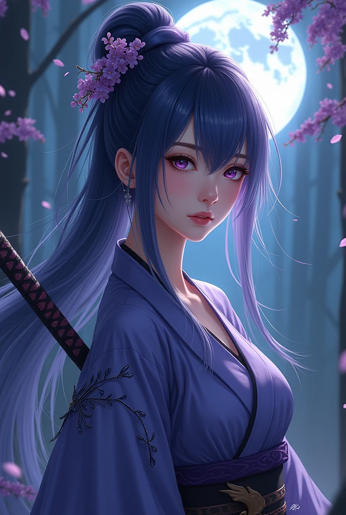 masterpiece, Best quality, anime style,  high detail, Young woman, high growth, long purple hair braided into a braid, Chinese clothing similar to a yukata but more revealing, A naginata in hand, a calm stance, Long face, purple eyes