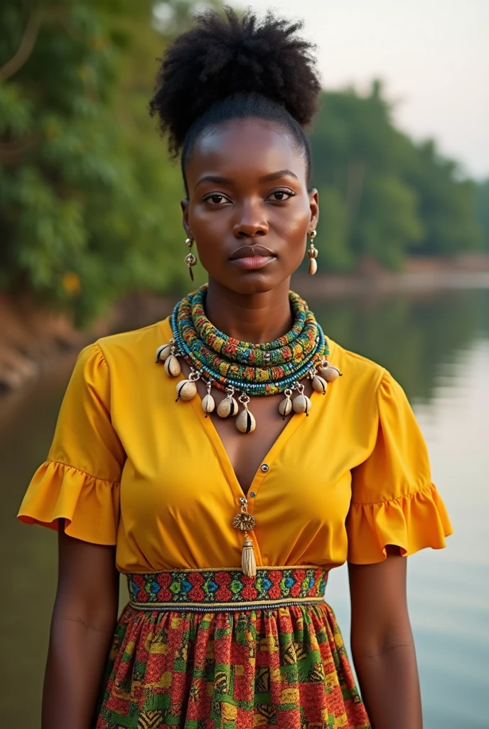 A beautiful young African woman standing by a serene riverbank wearing a blouse and printing skirt  yellow, red, and green dress, her necklace  made of beads covered her neck and form a small sleeve, She has thick afro pony tail packed at the back adorned with beads and cowrie shells,  she wears beads around her waist looking more like a bride from edo in Nigeria. her expression a mix of love and worry. The background features lush tropical trees, with the river reflecting the warm hues of the sky.





