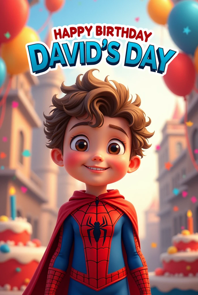 Create a Disney style image for a , On which : “David's Day” birthday poster and must have a -yead boyessed as Spider-Man, happy. This must have curly light brown hair , slightly tanned skin and expressive brown eyes .
