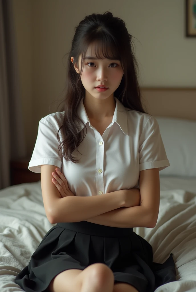 low angle shot,An arafed asian woman wearing a short skirt and bow tie is sitting on a train, cute high school girl, japanese girl uniform, wearing japanese school uniform, japanese school uniform, a hyperreal high school girl, dressed like a high school girl, hyperreal high school girl, wearing school uniform, real high school girl, girl in uniform, wearing school uniform, Photo of high school girl posing, whole body, nice skin, glowing skin, nice thighs,Shining thighs, shining legs