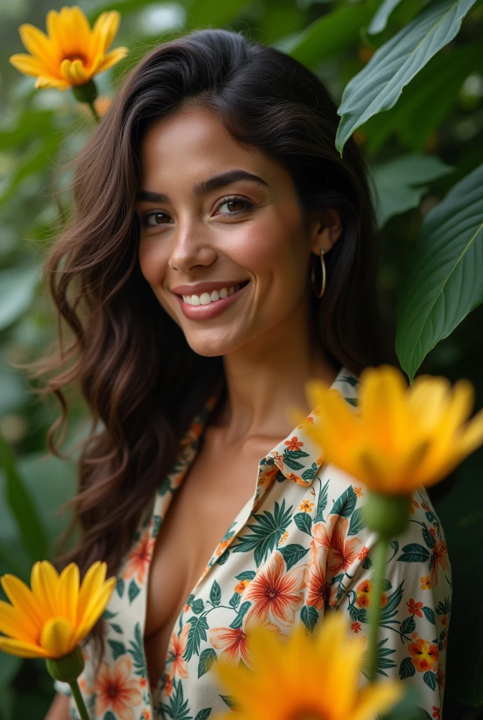 A Brazilian woman in a lush tropical garden, wearing an open shirt with a floral print, with a close-up capturing the harmonious beauty between her breasts and the natural flowers, showing off your natural charm and outgoing personality.