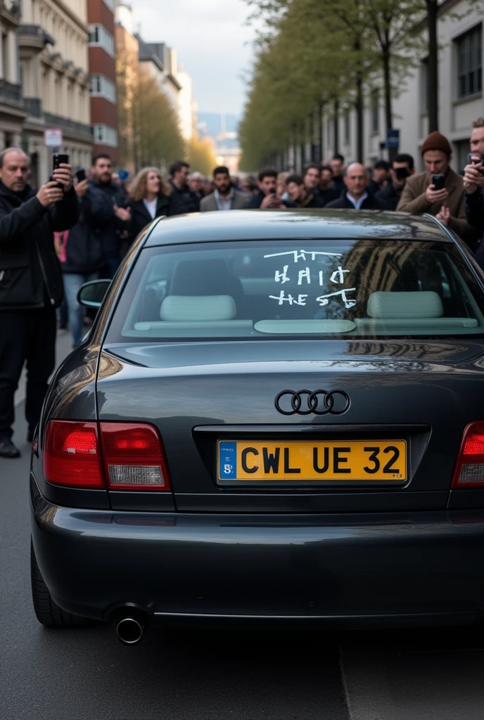 old man in white suit stands beside (((nude naked nude naked young white teen girl who has brunette bob hair and smile and wears a collar and hold a placard sign))) and has medium breast and nipple and pussy and earring and wristwatch and is waving and standing in a carpark, student in background, old man in black suit in background, old man in black suit in background, old man in black suit in background,