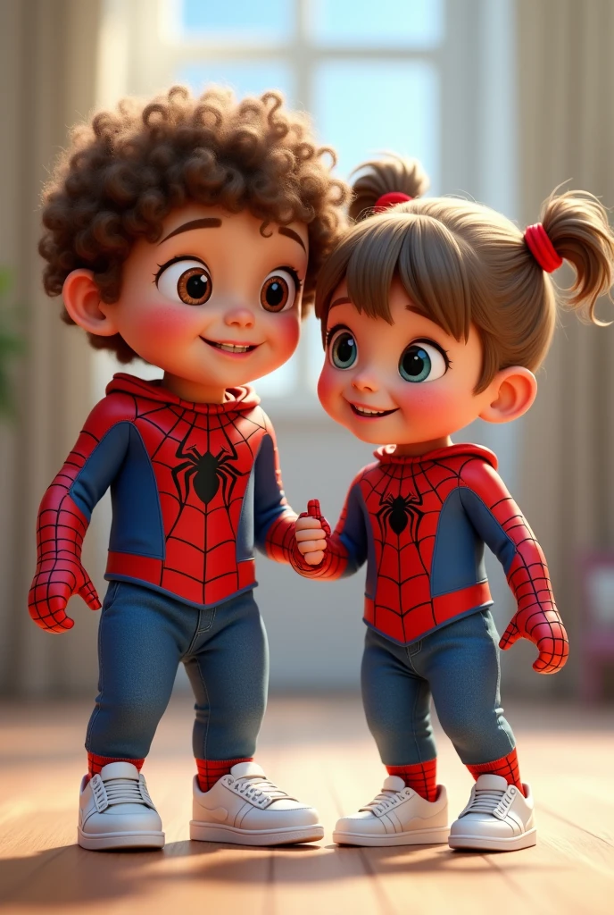 Brunette girl with curly hair and brown eyes wearing Spiderman clothes hugging a mixed-race boy with straight brown and blonde painted hair, with brown eyes and Spiderman clothes