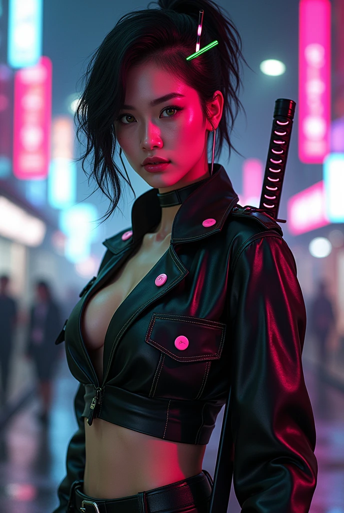 arafed woman in a black outfit the ninja, is depicted in a dynamic pose, holding a sword and a red leash, very beautiful cyberpunk samurai, portrait of a cyberpunk samurai, cyberpunk samurai, badass anime 8 k, cyberpunk assassin, goth ninja, female assassin, urban samurai, perfect eyes, crystal clear eyes, cyborg ninja, portrait ninja gaiden girl, ninja outfit, female cyberpunk anime girl, cyberpunk geisha, beautiful female assassin