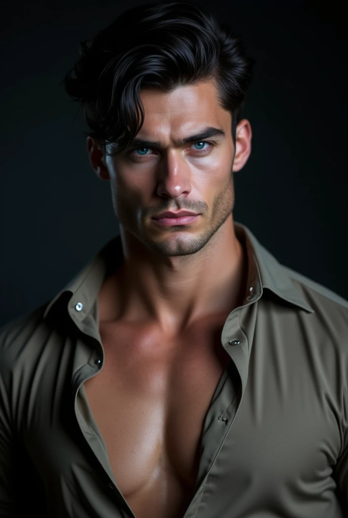 A muscular young man with a dominant look, BIG BLUE eyes, black wavy hair, no beard or mustache, with very very white skin with an open black shirt with a dark background