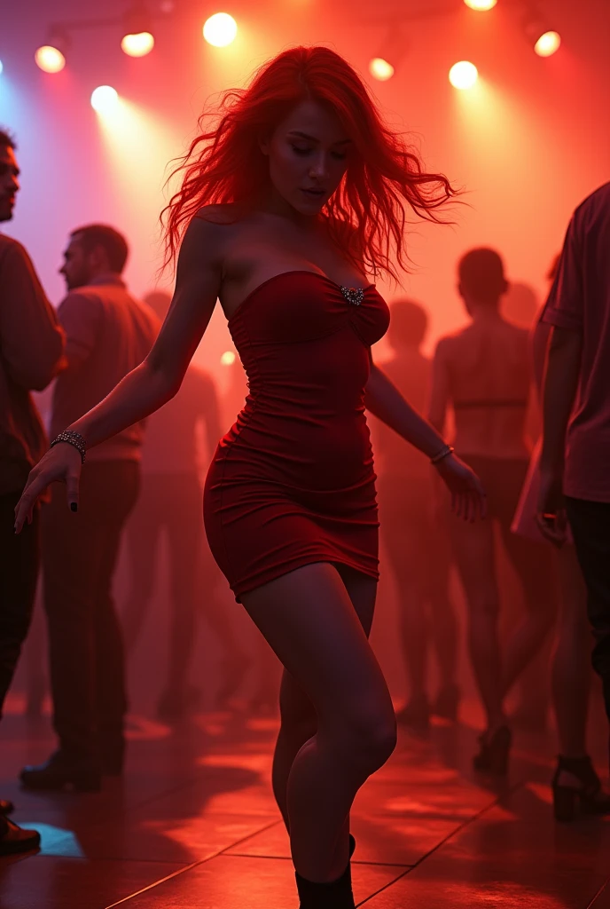 Une femme rousse, au charme envoûtant, danse avec une assurance captivante au milieu d'un bar animé. Ses cheveux d'un rouge flamboyant, légèrement ondulés, virevoltent autour de son visage alors qu'elle se déplace avec grâce et énergie. Elle porte une robe ajustée, d'un tissu brillant qui capte la lumière tamisée du bar, soulignant chaque mouvement de son corps. La robe, peut-être d'un rouge profond ou d'un noir élégant, met en valeur ses courbes et ajoute une touche de glamour à son allure.

Ses mouvements sont fluides, sensuels, et elle danse avec une passion qui attire tous les regards dans la pièce. Le bar, éclairé par des lumières douces et colorées, est rempli d'une ambiance électrique, où la musique rythme chaque geste de sa danse. Les clients autour d'elle s'arrêtent pour admirer sa performance, captivés par son charme irrésistible. Les tables en bois, les verres scintillants, et le murmure des conversations en arrière-plan ajoutent à l'atmosphère vibrante de ce lieu, transformant la danse de cette femme rousse en une scène aussi hypnotisante que séduisante.