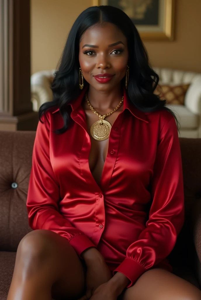 Mrs. Ndou, with her Venda brown skin, looked striking in the long red dress. The vibrant red of the dress beautifully contrasted with her deep brown skin, highlighting her elegant presence as she relaxed on the sofa.
