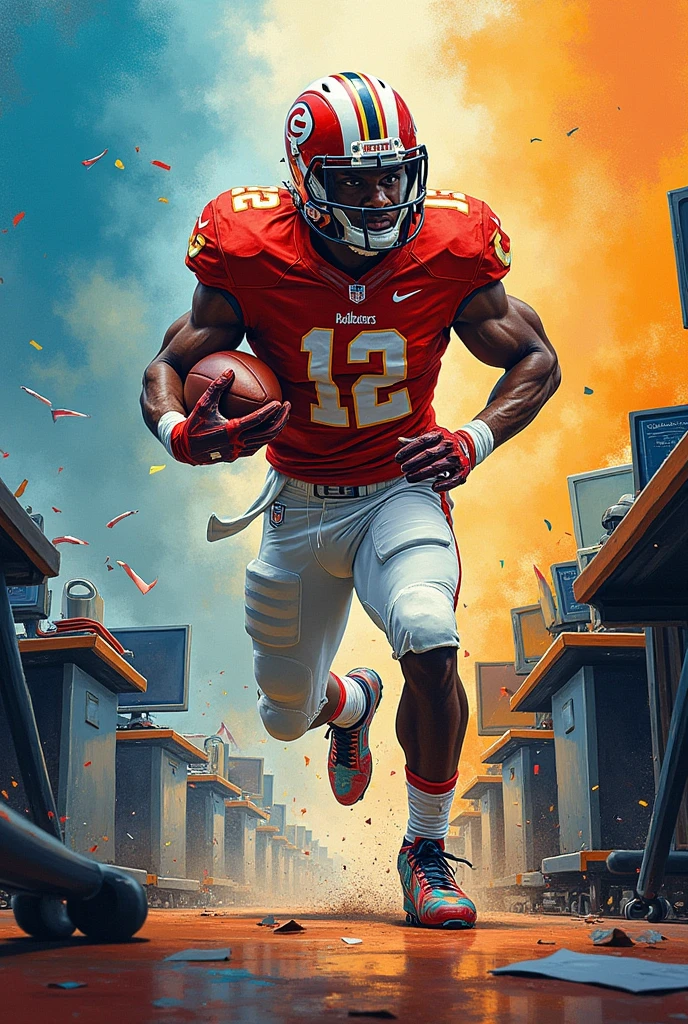 Anime American football player wearing a yellow and red jersey and without a helmet catching a football in Dragon Ball style 