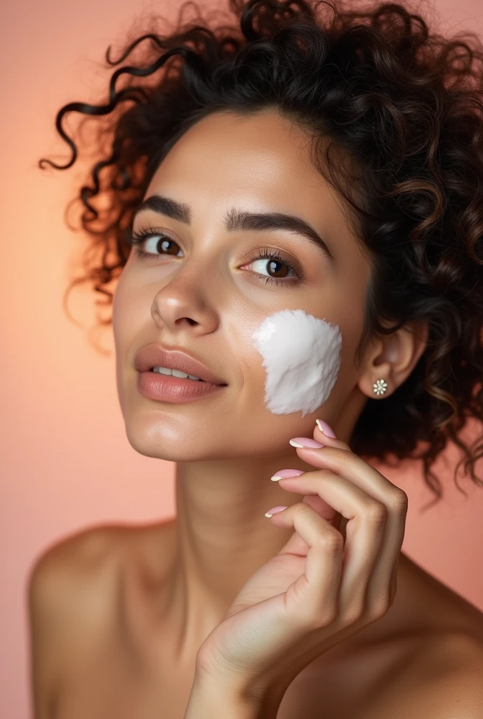 A girl holds a round cream box in her hand, puts part of it on her face, and puts a white towel on her hair.