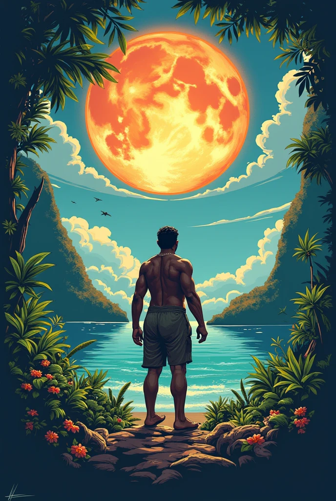 illustration that evoke stoicism men from 25 years old, shirtless, barefoot, strong, slim body Importance of Reason Style: Scientific realism, with a focus on detail and precision. Color palette: Cool, neutral tones (navy blue, gray, white) to convey clarity and objectivity. Expression: A concentrated and determined gaze, brow slightly furrowed in thought. Setting: A young strong handsomen cinnamon skin, dancing background you can see a see a window to see the jungle in the night, full moon, river, mountain rain, thonders