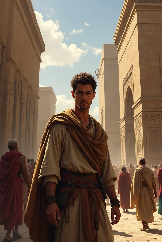 A simple stonecutter, wearing ragged clothes, looks tired and dissatisfied while staring longingly at a wealthy merchant in luxurious robes, surrounded by gold and goods.