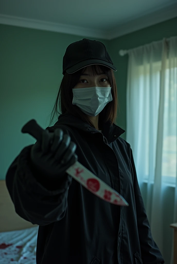 korean naked girl, (behind corpse, surgical mask), multiple girls, holding knife, stabbing, leather gloves, room full of blood, trucker hat, holding knife, leather gloves, behind corpse, blood splatter, long bangs, night, mass murderer, robbery, in the house,