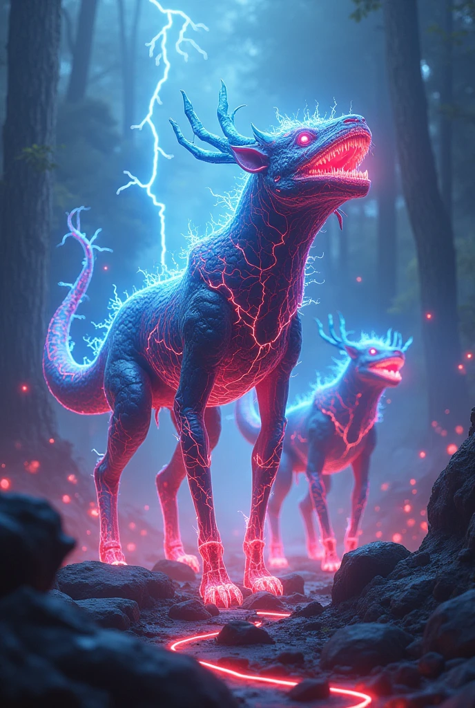 masterpiece, best quality, long exposure, light painting, <lora:ral-exposure-sdxl:1> ral-exposure, Fantasy, Giant Chupacabra, Vivid Colors