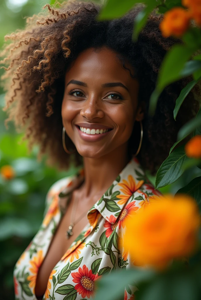 A Brazilian woman in a lush tropical garden, wearing an open shirt with a floral print, with a close-up capturing the harmonious beauty between her breasts and the natural flowers, showing off your natural charm and outgoing personality.