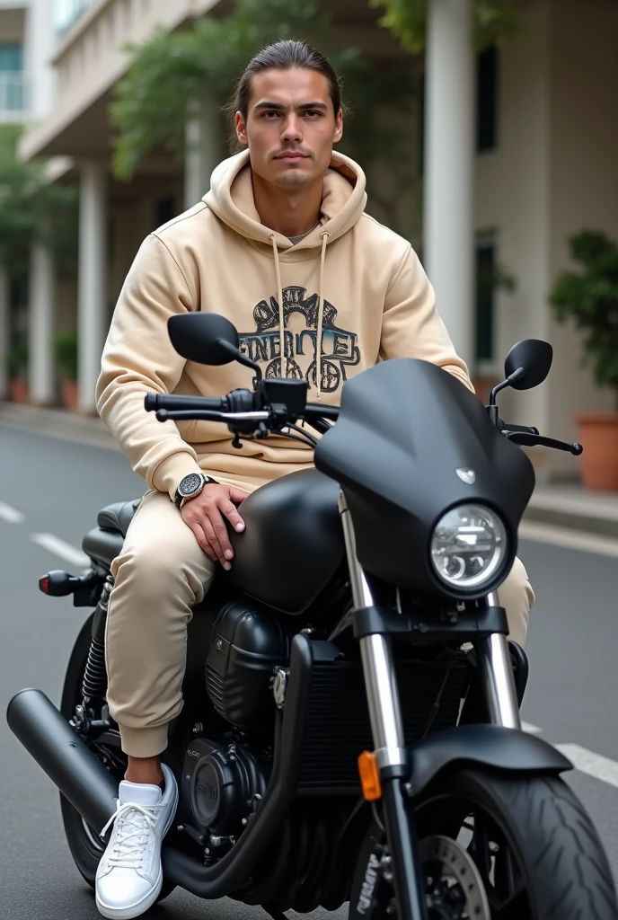 Karikatur 4D pria indonesia berambut pendek mengunakan hoody dan sepatu kats mengendari vespa latar belakang perkotaan heperrealistis kontras tinggi efek warna tinggi 8k fokus