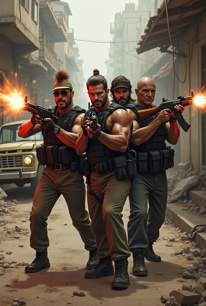Generate a picture of 4 men and Each one are holding guns . The upper part of all of them are naked and They have their self name tatoo on their chest. The leader name is Toxic 01 and other three names are Toxic 03 , Toxic 00 , Toxic 08.  All names tatoo should clearly visible. They all are standing in front of a old blue dacia car . BGMI PARTNER are printed on car front bonate. This are are situated in infected area.