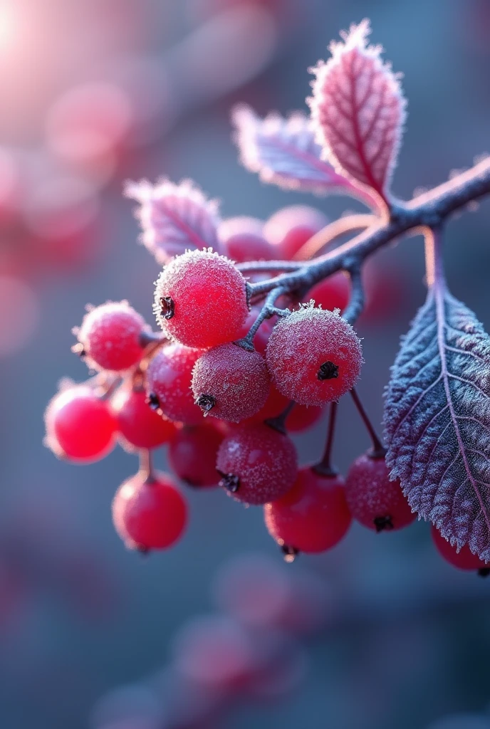 A frozen branch，There are two small red hawthorns on it，There is frost on hawthorn and branches，In the orchard，vague background，Early winter weather
