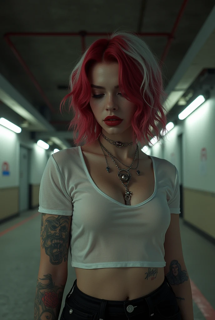 killer women psychopathic look angry eyes hate short straight hair red lips pink makeup athletic body slim waist big breasts big buttocks. hitting clothes from asylums necklines