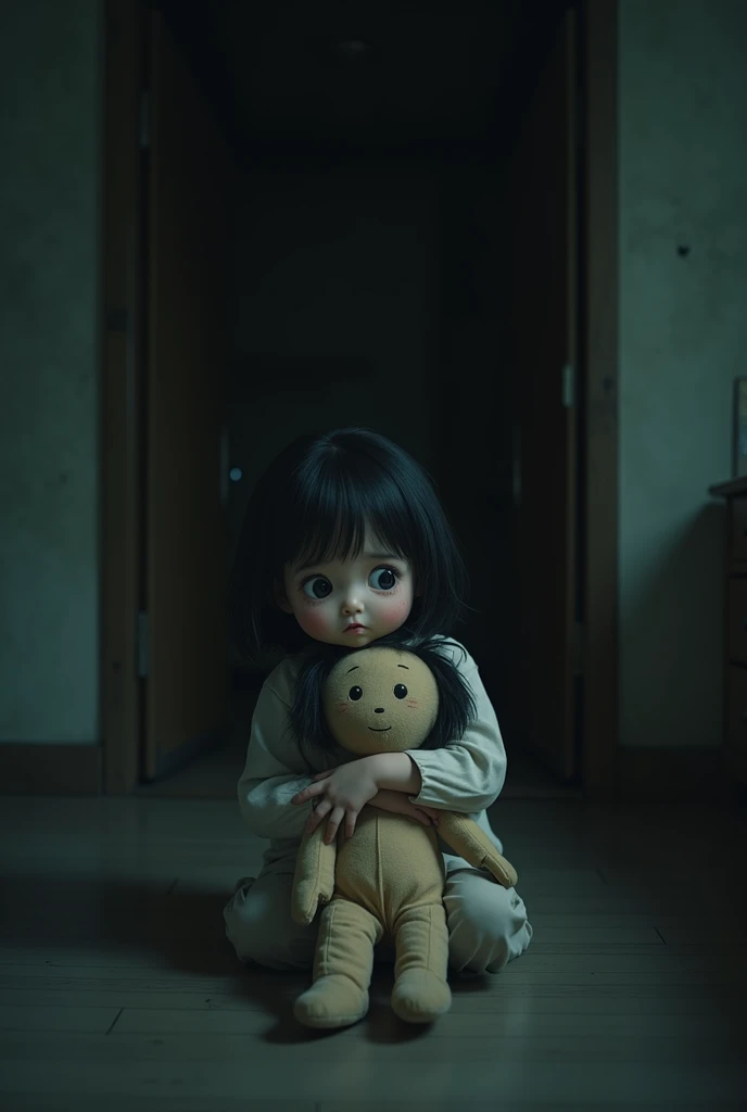 A 4 year old girl who has covered her face with her hands and there are blood stains on her clothes