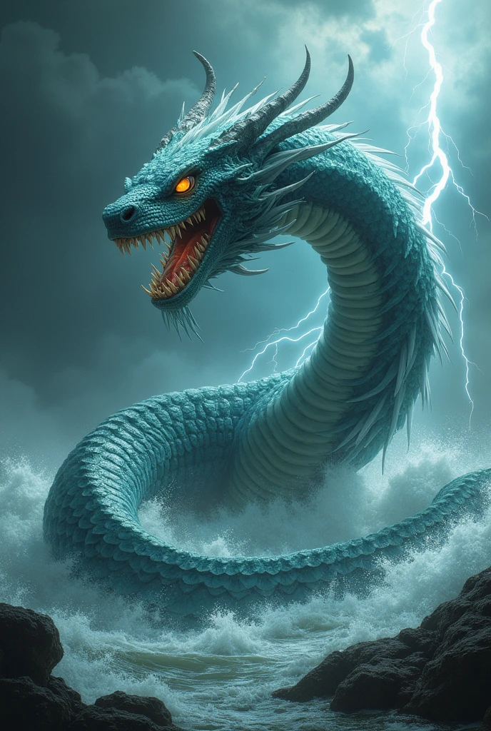 A terrifying and colossal creature named 'Thunder Serpent,' in the act of preying on its catch in a stormy sea. The Thunder Serpent, a 15-meter-long giant serpent with glossy, silver scales that flash like lightning, is depicted coiling around a large sea creature, possibly a whale or a giant squid. Its sharp fins glow with absorbed lightning energy, and its yellow eyes shine with a fierce intensity. The scene is set amidst a raging storm, with dark clouds, crashing waves, and flashes of lightning illuminating the serpent's powerful and fearsome form as it tightens its grip around its prey. The atmosphere is electrified and intense, capturing the raw power and predatory nature of the Thunder Serpent in its natural, chaotic environment.