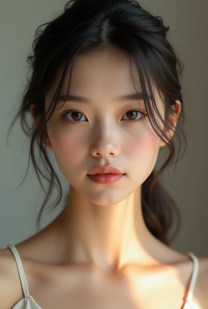 (8k、born、Professional、high quality、masterpiece:1.2)、(Realistic Realistic、Photorealistic)、Ultra-detailed、(Portrait)、(Highest Detail Skin)、((Perfect Face))、Cinema Lighting、20-year-old girl、Light grey eyes、Beautiful Eyes、Short bun hair、smile、perfect body necklace、(((Fully nude))),(((nsfw))),Stunningly sexy,