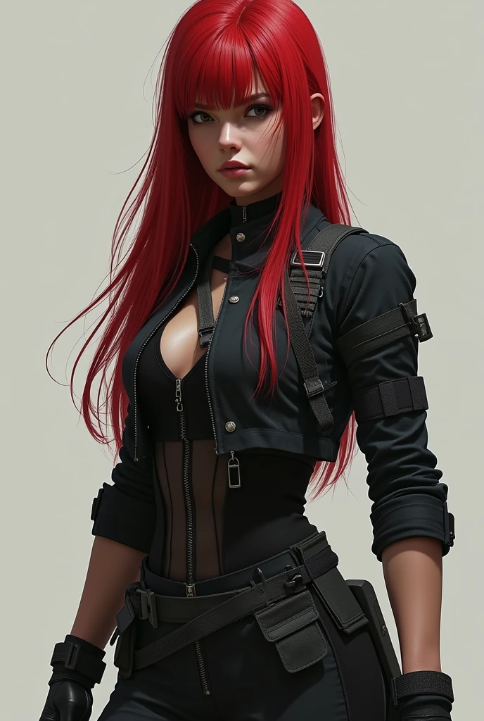 (best quality, ultra-detailed), high saturation, stunning beauty, red long hair , wearing rebellious(80s punk+Mad Max style), black leather top, look like Megan Fox, shorts, holding a gun, big boobs, full bodyshot --auto --s2