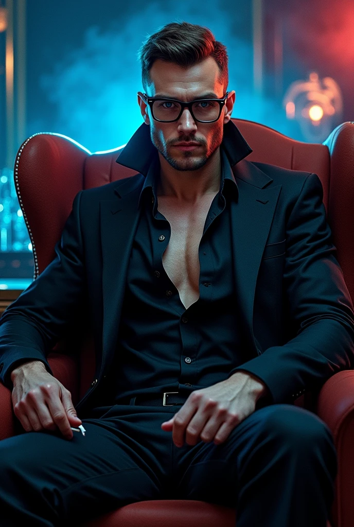 Nightwing sitting on a couch shirtless manspreading