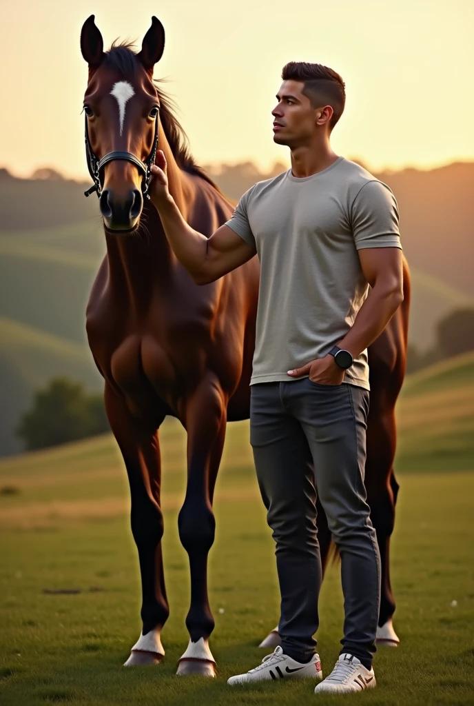 Two handsome young men, with beautiful faces and fair, smooth skin. One is light-skinned and the other muscular, shirtless, with short black hair. They are riding a horse together, on the same horse.