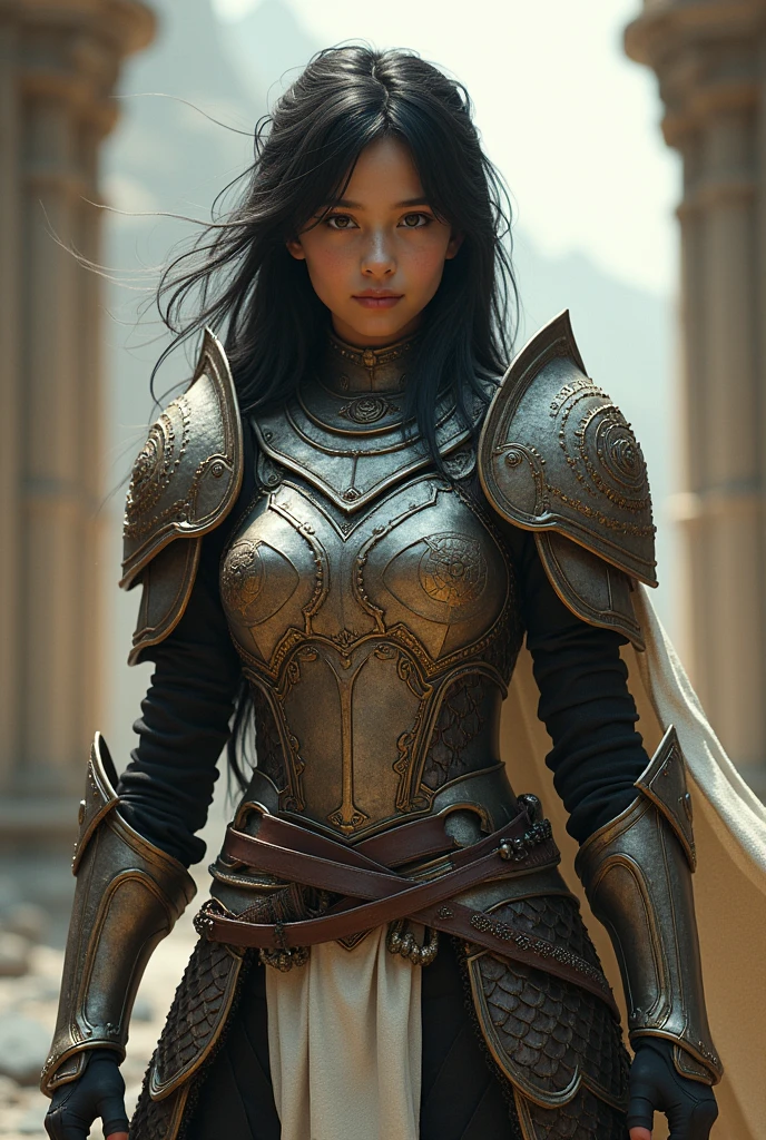 professional photograph of a beautiful young woman with tanned skin in armor with dragon scale details, with long, perfectly curly black hair, piercing green eyes, beautiful symmetrical face, rosy cheeks, a baby dragon on the amethyst-colored shoulder, ((standing outside Westeros ruin)), ultra realistic, conceptual artwork, chic, highy detailed, intricate, sharp focus, Depth of field, f/1. 8, 85 mm, medium shot, mid shot, (((professional color grading))), soft and bright diffused light, (Volumetric fog), Trends on Instagram, HD 4k, 8K