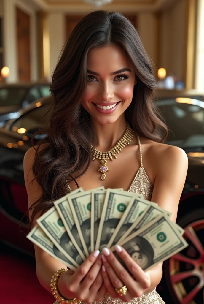 Uma foto realista detalhada de uma linda mulher em uma lingerie dourada, deitada em uma roleta de cassino, Surrounded by a flood of dollar bills and gold bars, moedas de ouro, sexy, perfeita, pornstar, casino, corpo inteiro, perfect hands, 5 dedos perfeitos, loira, like AJ Applegate