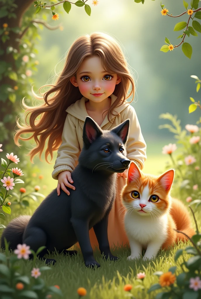 Girl with brown hair and brown eyes, together with the black fox dog and together with the tricolor cat White Black and orange