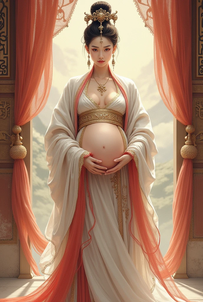 White haired woman, pregnant woman, Linyue, belly see-through, ancient chinese makeup, art nouveau, tarot cards, 4ng3lt3ch, graphic design, magic, fantasy, white dress, colorful, concept art, complex, detail, masterpiece, official art,