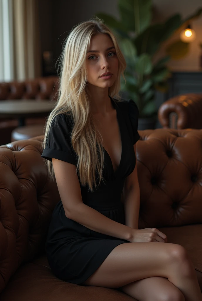 Young woman, blonde, sitting at the table, There is a mug of tea on the table, portrait, girl 25 years old, wearing a black evening dress with a low neckline, the situation is calm, evening time, good lighting of the room, high contrast, There is an iPhone 15pro phone on the table
