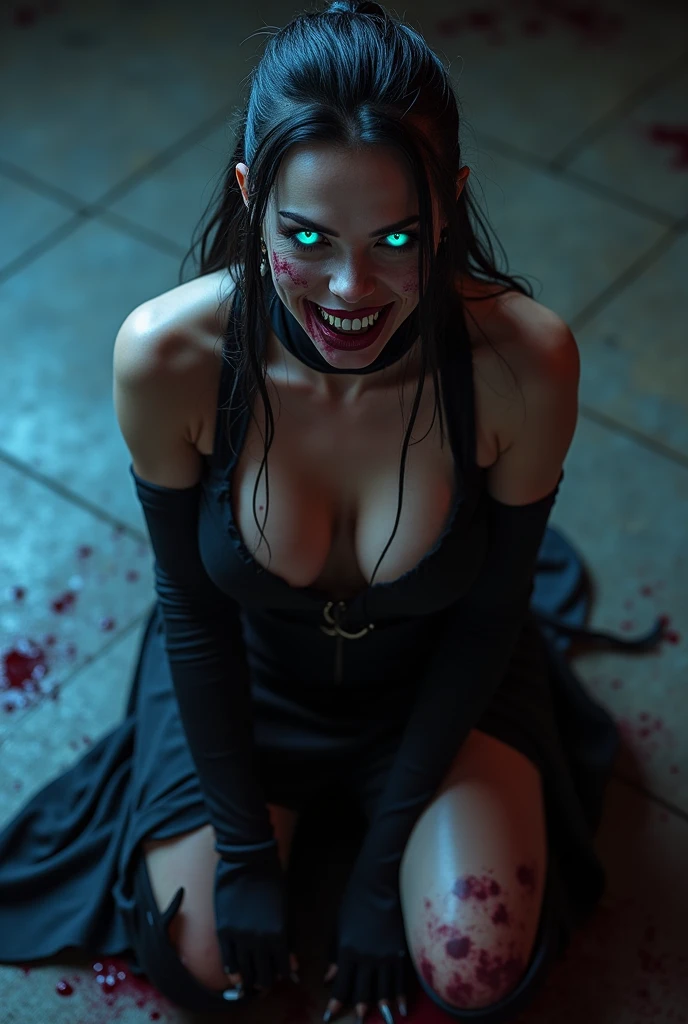photograph of a famished (zombie) babe crawling towards me, on her hands and knees, seductive but scary, dangerous, intense eye contact, artistic erotica, high quality, by arny freytag, pov view (from above), cinematic film still of zombieland 2