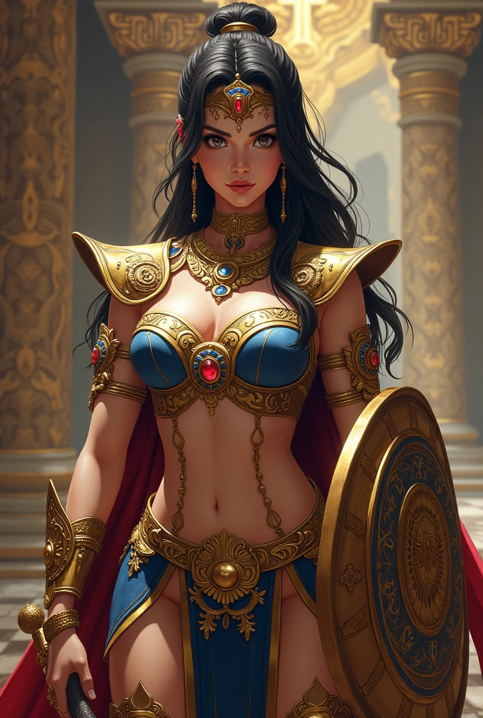 (masterpiece photorealistic digital art:1.3) of a (solo:1.3) ravishing alluring curvy plump indian warrior Sonali bendre , at a overgrown temple ruins, wearing ornate shimmering armour, intricate robes, cape & skirt, battle ready, navel, (flowing wavy backlit hair), cinematic dramatic scene, lustful glance, (captivating kohl lined eyes:1.3), (passionate expression:1.3) apocalyptic magical atmosphere, dramatic lighting, depth of field, backlit, light rays, highly detailed, trending on artstation, paint splashes, rich colour, mythological portrait, by Ron hicks & greg rutkowski