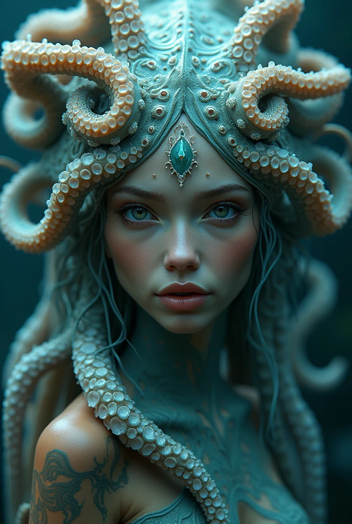 there is a woman with octopus Tentacles on her head, Beautiful octopus woman, portrait of an octopus goddess, fine-details. アニメ. Tentacles, Tentacles around, octopus goddess, medusa ciberpunk, some Tentacles are touching her, mix of creatures with tentacles, covered with Tentacles, hyperdetailed fantasy character, highly detailed digital art in 4k, Tentacles