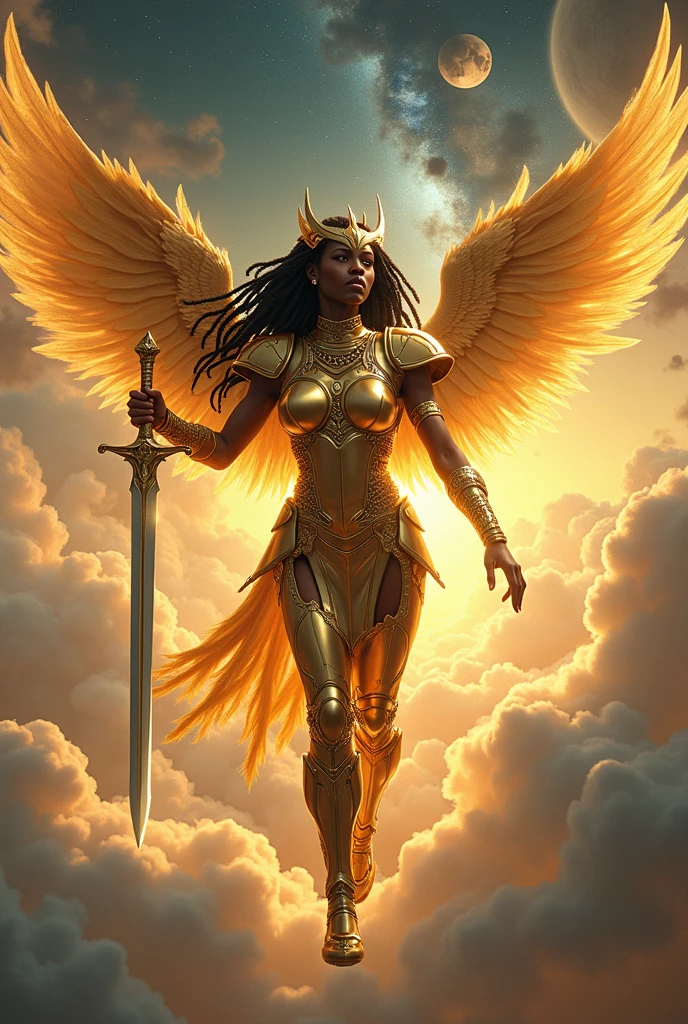 AngelicStyle, awe-inspiring portrayal of a female Warrior Angel with a magnificent afro, adorned in resplendent battle armor, soaring through the skies with a flaming spear, (Radiant:1.2) aura engulfing their celestial form, (gilded:1.1) armor reflecting their divine heritage, (determined:1.1) gaze fixed on their righteous mission, (majestic:1.1) afro billowing with ethereal power, (unveiling:1.1) the essence of their divine purpose and cultural pride, (capturing:1.1) the spirit of valor and determination, (immortalizing:1.1) their eternal role as guardians of light and defenders against darkness. <lora:SDXLAngelic:0.4>