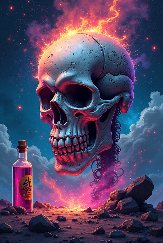 Elegant graffiti inscribed racoentahubaroe , electric galaxy background illustrated with beautiful firecracker shaped skull , bottle picture with poison