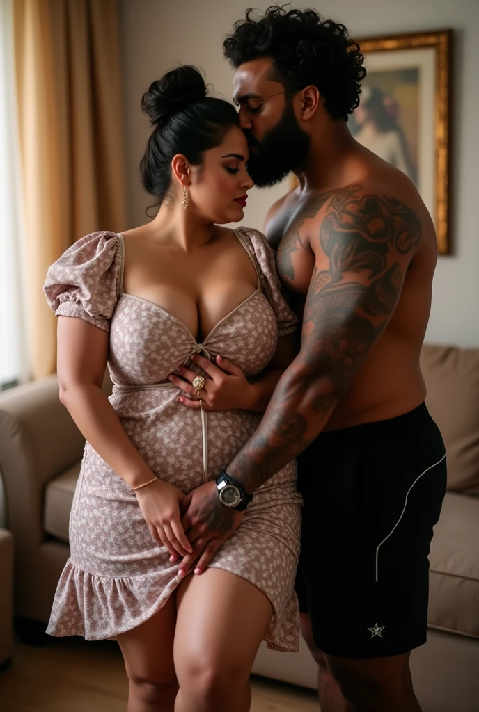 ((1 man, 1 woman)), 186cm 105kg male, Women weighing more than 100kg, Severely obese woman, 초Severely obese woman, A friendly obese man and woman couple, Facing each other, chest and stomach touching, Abdominal exposure, severe abdominal obesity, Women are fatter than men, Women weigh more than men, woman with thick waist, man with thick waist, her belly is fat and round, visible ship, She has a jiggly, fat, round belly, belly exposed, Romantic fat man and woman couple, fat belly, big stomach, WHR>=1.0 woman, man with a big belly, woman with a big belly, 8K, realistic