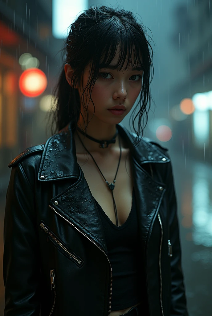 a woman in formal wear , half-open black shirt and black pants,black hair with a short fringe on the forehead with an angry look and several scars .Somewhat dark and rainy night weather