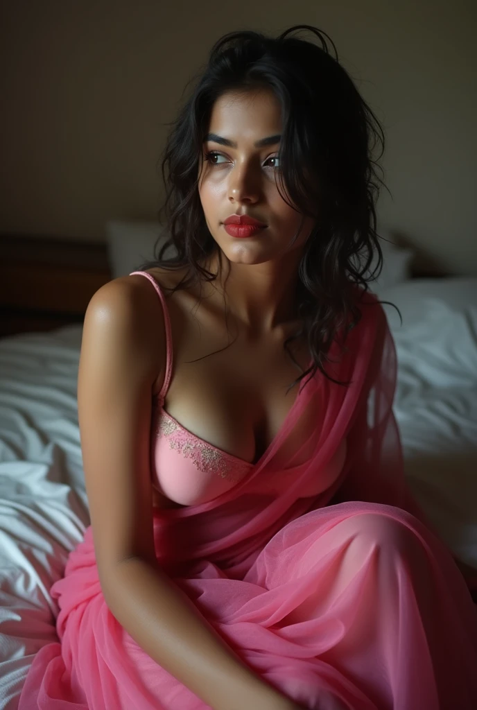 A beautiful indian 22 year old woman spreading legs in bed, sitting cowgirl position, Wearing traditional Indian lahenga choli, navel, slim figure with large breasts, see-through clothes, 
