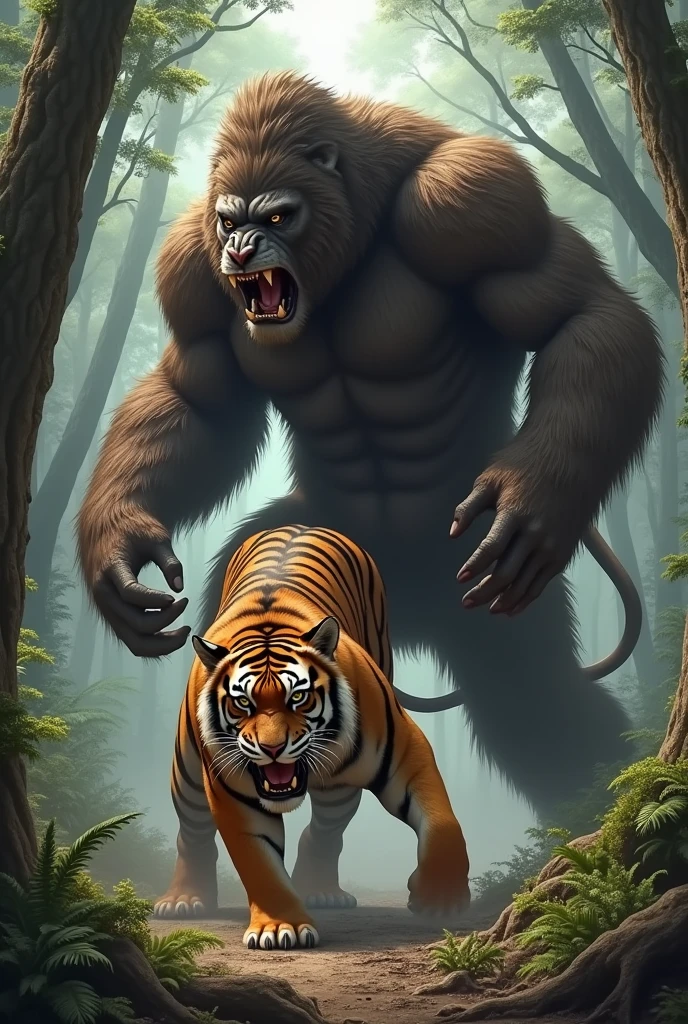 "A massive, fierce orangutan in a dense jungle, roaring triumphantly after defeating a powerful jaguar, with misty mountains in the background and dramatic, intense lighting. The scene is hyperrealistic, with detailed fur and vibrant colors."