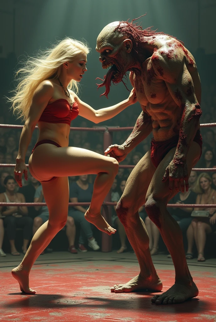 Johnly Mutated vs Romy Basa with Superpowers, justine cortel with swimsuit, all three in the boxing ring
