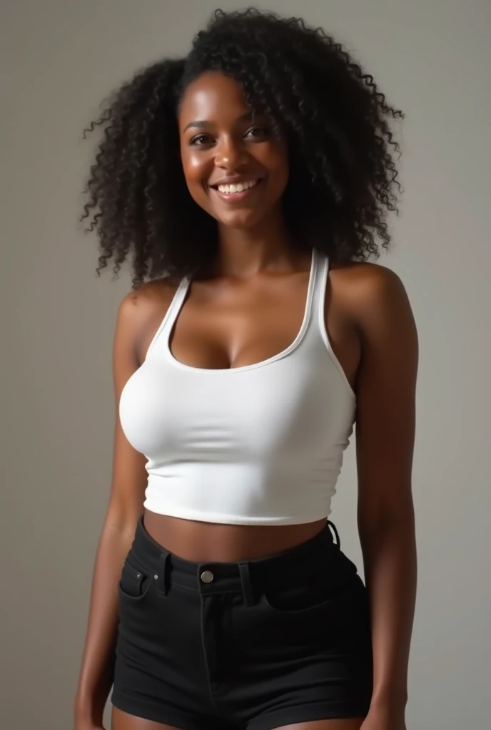ONE GIRL. best quality, ultra-detailed, hyper realistic, 8k, full body shot, 23 years old, Nigerian beautiful girl, round shaped face, dark black skin, highly detailed skin with blemishes, ebony, dark natural afro hair, fit athletic figure, full body, big natural E cup breasts, wide hips, wearing sexy two piece white dress, cleavage, provocative expression, smiling, sexy alluring pose, natural sunlight touching her realistic skin, in a pergola in the afternoon