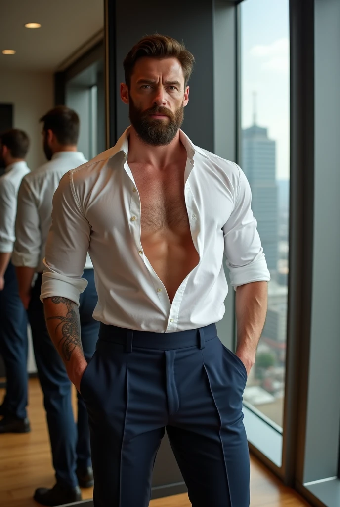photorealistic, masterpiece, best quality, raw photo, 1boy, handsome male, 70yo, (((he's old, but he still retain his muscular body))), buff, short_hair, grey_hair. Wearing a bodyfit (((all-white three-piece suit))), white-colored collared buttoned shirt, red-colored tie, a pair of leather shoes, and a white-colored cape with gold-colored epaulets, the cape are swaying with the wind. Standing at the deck of the battle cruise. (((Strong))), 
(((muscular_body))), toned_male, tall, looking at viewer, dynamic lighting, heroic pose, arms_crossed, strong gaze. Absurdres, photorealistic.,Sexy Muscular
,Germany Male（Chest hair：1.5） ！ High detail 8K)! ((Realis (Chest hair: 1.5) ! High detail 8K)! White shirt((Realistically)), ! 186 cm!Skinny！
70 kilograms! Popular clips! ( High-detail 8k ((realistically)), big hairy black areola! Dark skin, best quality, bright lighting, focus, theater! 35 years old, hairy breasts, thick hair Adam Dario Kier screenshot, Reddit, photo realism, ! Short hair! Gray hair!
Mature man, shirt, suspender, roll up sleeves, open shirt,  sit on a pile of American bills! short hair, fetish fashion clothing！sexy nun！ male focus, outdoors, short hair, shirt,  belly_button, closed mouth,, male focus, belt, pants, stomach, clothes lift, uniform, muscular, facial hair, shirt lift,, abs, pectorals, muscular male, bara, beard, large pectorals, cuffs, mature male, mustache, manly, bare pectorals, handcuffs, , harness, chest hair, police uniform, navel hair, chest harness, arm hair, Chest hair：1.5）, up, ,more detail, White hair, thick moustache, thick chest hair