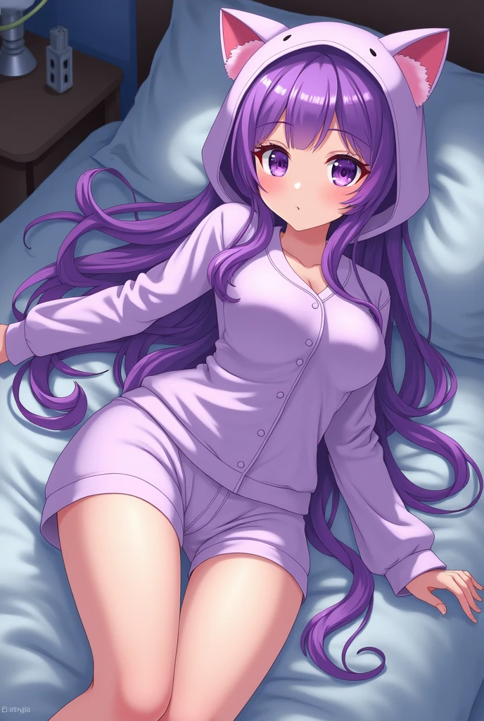  White girl  [ purple hair and purple eyes ]  medium breasts  [shorts de pijama tono light purple] pajamas with hat with kitten ears[light purple] [ anime girl image] lying in her bed [ at night]  long hair  [lying on side] [showing full body].