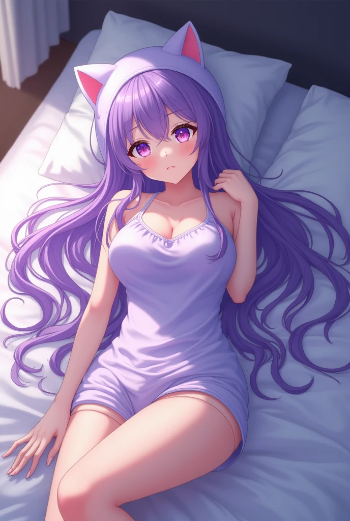  White girl  [ purple hair and purple eyes ]  medium breasts  [pantalones cortos de pijama tono light purple] pajamas with hat with kitten ears [light purple] [ image of an anime girl ]  LYING ON YOUR BED  [ at night]  long hair  [ lying on the side ] [showing full body].