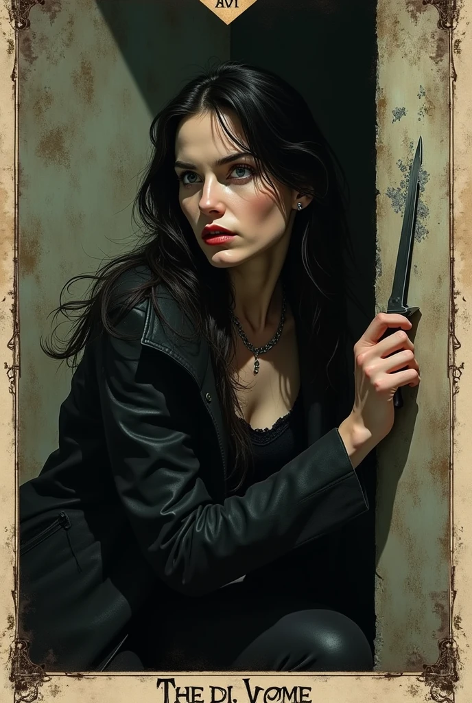 Illustration of black haired woman, holding a knife, inspired by horror movie