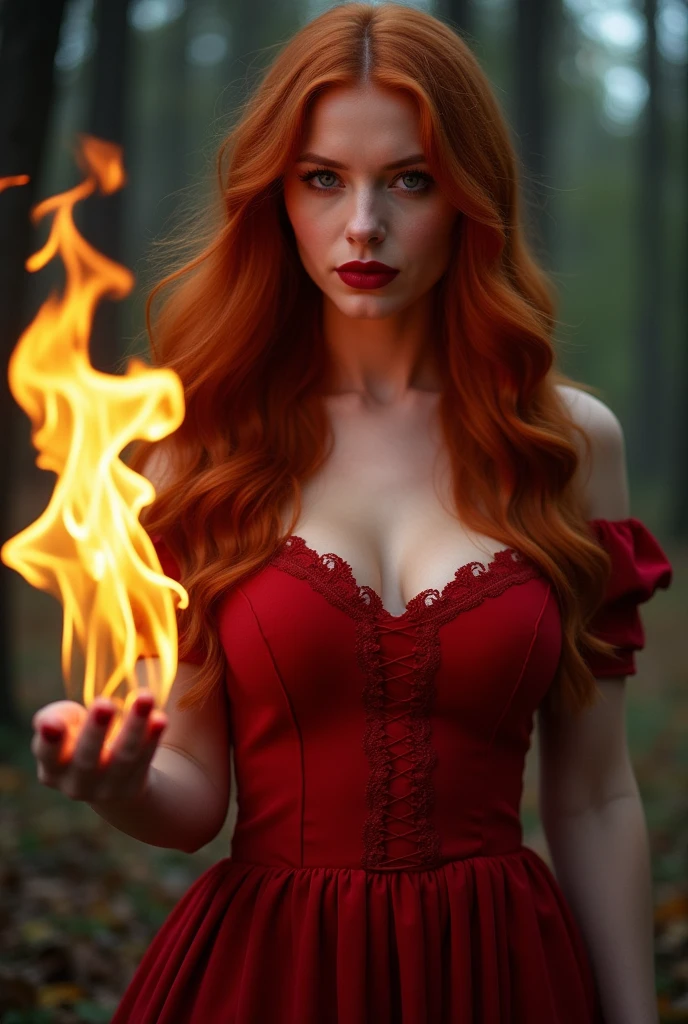 The most beautiful red haired girl big breasts in dress with mashup orange, yellow and red color on the dress, elegant dress, fire dress, dress with three colors, unique, magic dress, vibrant red hair and flame dress, dress with fire colors, big breasts, big breasts, dress with fire colors, vibrant red hair