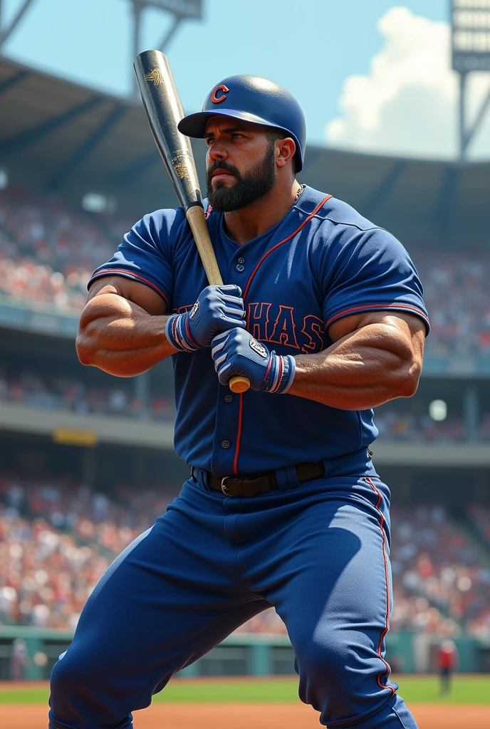 Masterpiece,top quality, 4k, A bulky fat baseball player kneeling down in a baseball playground, big round shape face, detailed eyes, blond hair, facial hair, detailed background,Muscular body, attractive beefy man, 45 years old man, short crew cut hair, wearing baseball uniform, baseball cap, hairy chest , full body shot,